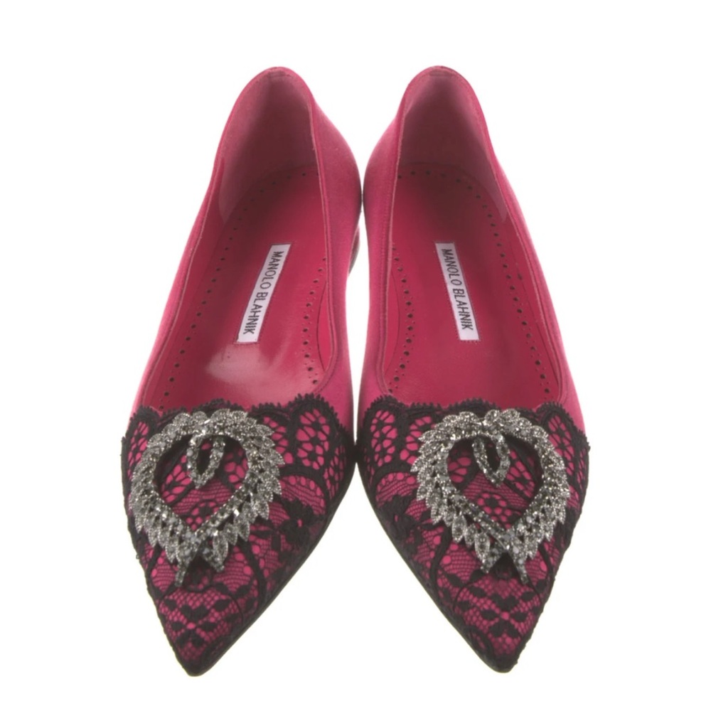 Manolo Blahnik Fuchsia and Black Lace Flats